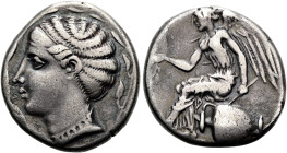 BRUTTIUM. TERINA Didrachme ø 21mm (6.80g). ca. 440 - 425 v. Chr. Vs.: Kopf einer Nymphe mit Ampyx in Lorbeerkranz n. l. Rs.: [ΤΕΡΙ-ΝΑΙΟΝ], auf einer H...