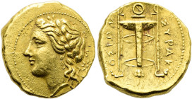 SIZILIEN. SYRAKUS Agathokles, 317 - 289 v. Chr. Hemistater ø 16mm (5.64g). Vs.: Kopf des Apoll mit Lorbeerkranz n. l., dahinter Stern. Rs.: ΣΥΡΑΚ-ΟΣΙΩ...