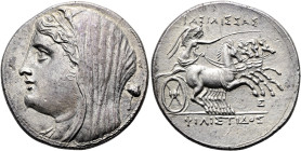 SIZILIEN. SYRAKUS Hieron II., 274 - 216 v. Chr. Tetradrachme ø 29mm (14.11g). Vs.: Kopf der Königin Philistis mit über den Hinterkopf gezogenem Schlei...