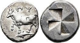 THRAKIEN. BYZANTION Siglos ø 17mm (5.30g). ca. 340 - 320 v. Chr. Vs.: ΠΥ, Rind auf einem Delfin n. l. Rs.: Quadratum incusum in Form von vier Windmühl...