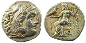 Kings of Macedon, Alexander III 'the Great', AR Drachm, 336-323 BC. Uncertain mint in Macedon or Greece.
Obv: Head of Herakles right, wearing lion ski...