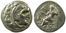 Kings of Macedon, Alexander III 'the Great', AR Drachm,336-323 BC. Kolophon.
Obv: Head of Herakles right, wearing lion skin.
Rev: AΛEΞANΔPOY, Zeus sea...