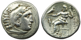 KINGS OF MACEDON. Alexander III 'the Great' (336-323 BC). AR Drachm. Lampsakos.
Obv: Head of Herakles right, wearing lion skin.
Rev: AΛΕΞΑΝΔΡOY.
Zeus ...