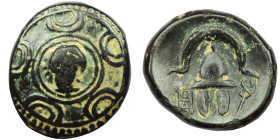 Kings of Macedon, Philip III Arrhidaios (323-317 BC) AE 1/2 Unit Uncertain mint in western Asia Minor.
Obv: Macedonian shield; on boss, head of Herakl...