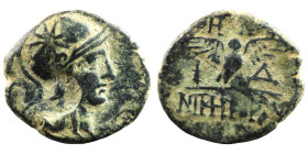 Mysia, Pergamon AE ca 200-133 BC
Obv: Helmeted head of Athena right, helmet decorated with star.
Rev: AΘHNAΣ / NIKHΦOPOY, Owl, with wings spead, stand...