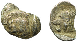 MYSIA. Kyzikos. Obol (Circa 450-400 BC).
Obv: Forepart of boar left, with E (retrograde) on shoulder; to right, tunny upward.
Rev: Head of lion left w...