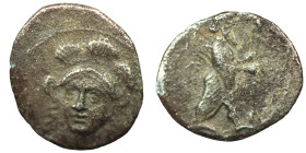 CILICIA, Uncertain. 4th century BC. AR Obol . Head of Athena facing slightly left, wearing triple-crested Attic helmet, drapery around neck / Persian ...