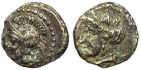 Cilicia, Tarsos AR Obol. 4th century BC. Helmeted and bearded head of warrior (Ares?) left; TE before / Female head left, wearing tripartite crown. Gö...