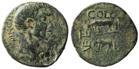 CILICIA. Uncertain Colony. Octavian, as Sole Imperator (31-27 BC). AE. Ca. 31-30 BC. PRINCEPS FELIX; bare head of Augustus right, countermark of troph...
