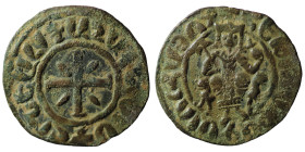 ARMENIA, Cilician Armenia. Royal . Hetoum I. 1226-1270. Æ Tank . King enthroned facing, holding lis and globus cruciger; star to left / Cross potent w...