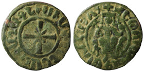 ARMENIA, Cilician Armenia. Royal . Hetoum I. 1226-1270. Æ Tank . King enthroned facing, holding lis and globus cruciger; star to left / Cross potent w...