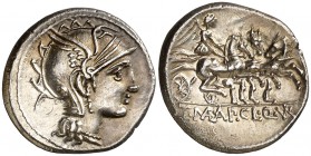 (hacia 111-110 a.C.) Gens Mallia. Denario. (Bab. 2) (Craw. 299/1b). 3,68 g. Bella. EBC.
