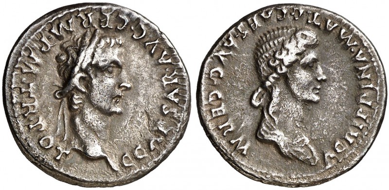 (37-38 d.C.). Calígula y Agripina madre. Denario. (Spink 1825) (S. 2) (RIC. 14)....