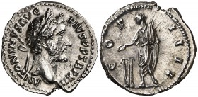 (148-149 d.C.). Antonino pío. Denario. (Spink 4076 var) (S. 304) (RIC. 183). 3,52 g. EBC/EBC+.