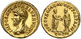 (161 d.C.). Lucio Vero. Áureo. (Spink 5329 var) (Co. 50) (RIC. 470) (Calicó 2122). 7,21 g. Raspadura en reverso. (EBC-).