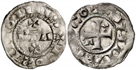 Comtat del Rosselló. Gerard I (1102-1115). Perpinyà. Diner. (Cru.V.S. 111) (Cru.C.G. 1897). 0,81 g. Atractiva. Rarísima y más así. MBC+.