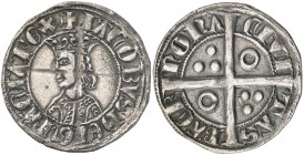 Jaume II (1291-1327). Barcelona. Croat. (Cru.V.S. 333.1) (Cru.C.G. 2150a). 2,94 g. Dos-seis-seis y dos anillos en el vestido. A y U latinas. Anillos d...