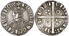 Jaume II (1291-1327). Barcelona. Croat. (Cru.V.S. 335.1) (Cru.C.G. 2152a). 3,12 g. Dos-cinco-cinco y dos anillos en el vestido. A y U góticas. Busto a...