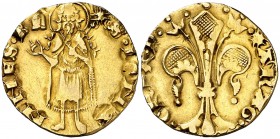 Pere III (1336-1387). Perpinyà. Florí. (Cru.V.S. 386) (Cru.C.G. 2205). 3,42 g. Marca: yelmo. Golpecito. Buen ejemplar. MBC+.