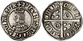 Pere III (1336-1387). Barcelona. Croat. (Cru.V.S. 402.1) (Cru.C.G. 2220d). 3,22 g. Flores de seis pétalos en el vestido. Letras A y U latinas. Ex Áure...