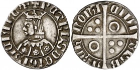 Pere III (1336-1387). Barcelona. Croat. (Cru.V.S. 403.1 var) (Cru.C.G. 2220l). 3,18 g. Flores de seis pétalos, con punto central, en el vestido. Letra...