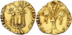 Martí I (1396-1410). València. Florí. (Cru.V.S. 505) (Cru.Comas 42 var) (Cru.C.G. 2297). 3,46 g. Marca: corona inclinada. Bonito color. No figuraba en...
