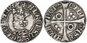 Alfons IV (1416-1458). Barcelona. Croat. (Cru.V.S. 817.1 var) (Badia 485, mismo ejemplar) (Cru.C.G. 2863 var). 3,10 g. El busto interrumpe la gráfila....