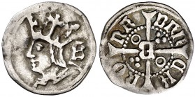 Ferran II (1479-1516). Barcelona. Quart de croat. (Cru.V.S. 1150.1 var) (Badia falta) (Cru.C.G. 3082b var). 0,74 g. Variante de busto. Muy rara. MBC.