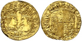 Reyes Católicos. Valencia. 1 ducado. (Cal. 160) (Cru.C.G. 3113). 3,45 g. Punto y corona entre los bustos, S/C en exergo. Sirvió como joya, pequeño bor...