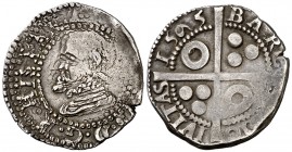 1595. Felipe II. Barcelona. 1/2 croat. (Cal. 697) (Badia falta) (Cru.C.G. 4247c var). 1,62 g. Nueve tumbado. Ex Áureo 25/04/1989, nº 169. Rara. MBC.