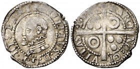 1596. Felipe II. Barcelona. 1/2 croat. (Cal. 698) (Badia 962 sim) (Cru.C.G. 4247i). 1,62 g. Acuñación floja en parte. Buen ejemplar. Rara y más así. M...