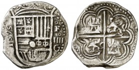 1595. Felipe II. Granada. 4 reales. (Cal. 303). 13,70 g. Corona grande distinta. Leones inclinados. Dos flores de lis en las armas de Borgoña. Buen ej...