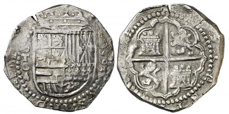 1593. Felipe II. Toledo. C. 4 reales. (Cal. 422). 13,65 g. Grieta. Rara. MBC/MBC...