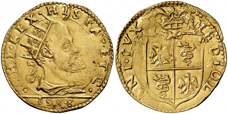 1588. Felipe II. Milán. 1 doppia. (Vti. 68) (Crippa 4/E-1). 6,57 g. Fecha en exe...