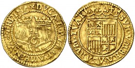 s/d (hacia 1600). Felipe II. Campen. 1 ducado. (Vti. 7, como RRCC) (Delmonte 1101). 3,35 g. C entre los bustos. MBC.