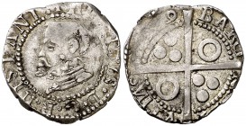 (159)9. Felipe III. Barcelona. 1/2 croat. (Cal. falta) (Cru.C.G. falta). 1,61 g. Acuñación algo descuidada, pero buen ejemplar. Muy rara y más así. (M...