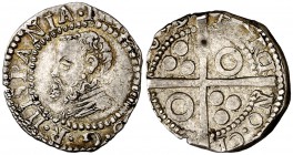1609. Felipe III. Barcelona. 1/2 croat. (Cal. 527 var) (Cru.C.G. 4340e, mismo ejemplar). 1,73 g. Preciosa pátina. Muy rara y más así. MBC+.