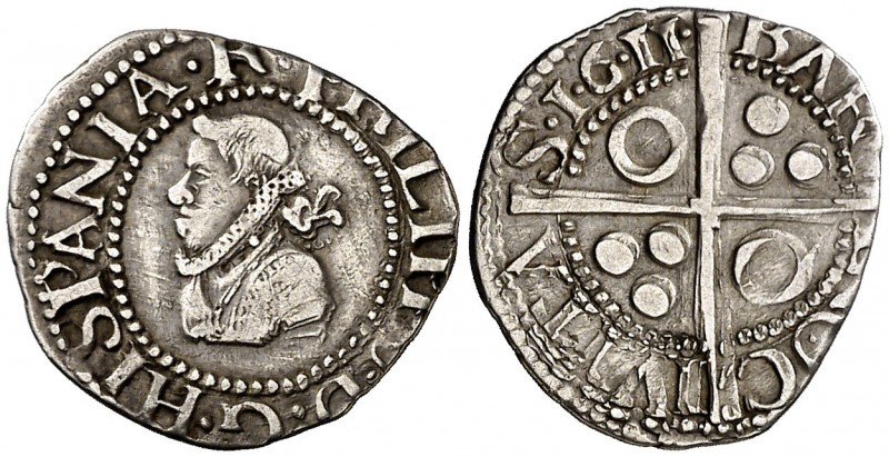 1611. Felipe III. Barcelona. 1/2 croat. (Cal. 530) (Cru.C.G. 4341a). 1,42 g. Las...