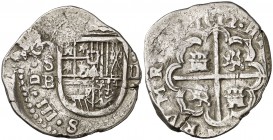 1612. Felipe III. Sevilla. B. 2 reales. (Cal. 385 var). 6,72 g. Valor en posición vertical. Rara. BC+/MBC-.