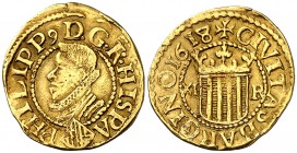 1618. Felipe III. Barcelona. 1/3 de trentí. (Cal. 74) (Cru.C.G. 4336). 2,01 g. Golpecitos. Rara. MBC/MBC+.