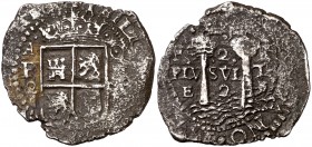 1652. Felipe IV. Potosí. E. 2 reales. (Cal. 894) (Mastalir IAe(1)2/ACX4, mismo ejemplar). 5,22 g. Ex Sedwick 27/04/2011, nº 1169. Rara. BC+.