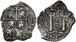 1652. Felipe IV. Potosí. E. 2 reales. (Cal. 894) (Mastalir 1-B.a(3)3/AC CAP74, mismo ejemplar). 4,45 g. Procedente del tesoro de "La Capitana". Rara. ...