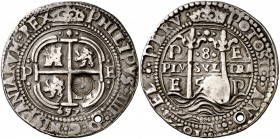 1657. Felipe IV. Potosí. E. 8 reales. (Cal. 418) (Lázaro 150). 27,27 g. Redonda. Tipo de presentación Real. Triple fecha. Resello de Guatemala (De Mey...