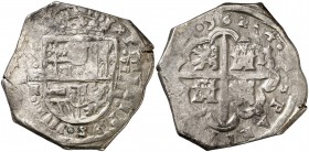 1624 (sic). Felipe IV. Segovia. R. 8 reales. (Cal. falta). 27,23 g. La leyenda del reverso comienza a las 2h. del reloj. Leones y castillos en anverso...