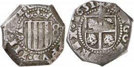 1651. Felipe IV. Zaragoza. 8 reales. (Cal. 647) (Cru.C.G. 4485). 28,20 g. Flan pequeño y grueso. Hoja en reverso. Atractiva. Ex Colección Isabel de Tr...