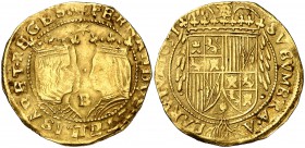 1631. Felipe IV. Barcelona. 1 trentí. (Cal. 222) (Cru.C.G. 4408j). 6,98 g. Estrella de seis puntas, punto y B entre los bustos. Rara. MBC.