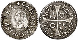 1677. Carlos II. Barcelona. 1 croat. (Cal. 664) (Cru.C.G. 4904j). 2,59 g. Ex Áureo 15/12/1994, nº 567. MBC/MBC+.
