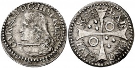 1693. Carlos II. Barcelona. 1 croat. (Cal. 669) (Cru.C.G. 4906). 2,54 g. Con punto entre D y G. Buen ejemplar. MBC+.