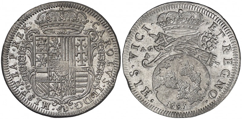 1685. Carlos II. Nápoles. AG/A. 1 tari. (Vti. 169) (MIR. 298/4). 5,61 g. Bella. ...