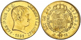 1822. Fernando VII. Madrid. SR. 80 reales. (Cal. 218). 6,75 g. Tipo "cabezón". Leves hojitas. Limpiada. MBC/MBC+.